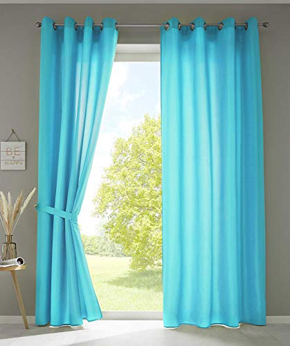 Gardinenbox Berlin 20405N2 Curtains with Eyelets 245 x 140 cm Turquoise Opaque Microsatin Translucent Plain Matt Set of 2