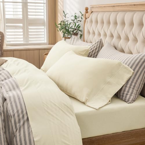 "PURE ERA Jersey Knit 4pc Bed Sheet Set 100% T-Shirt Cotton Super Soft Comfy Breathable Fits Mattress Up to 20"" Extra Deep Pocket (Solid Creamy White, Queen)"
