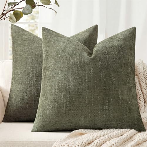 ANRODUO Pack of 2 Decorative Textured Throw Pillow Covers Soft Olive Green Euro Square Accent Solid Chenille Cushion Cover Cozy Farmhouse Pillow Case for Sofa Bedroom Living Room Home Decor 24x24 Inch