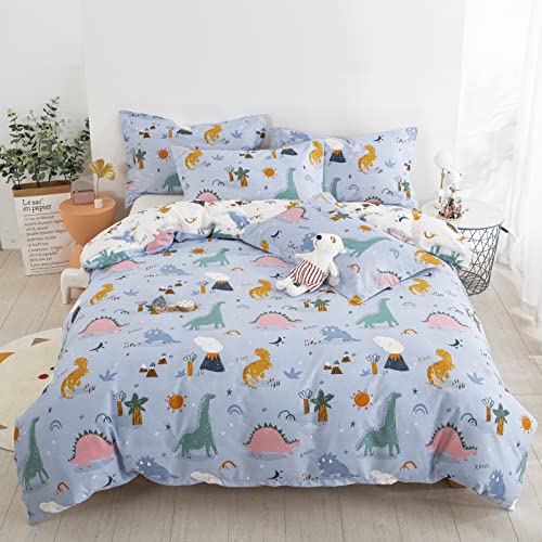 DJY Dinosaur Full Size Duvet Cover Set, Cotton Blue White Reversible Kids Bedding Set for Boys Girls, 3 Pieces Ultra Soft Breathable Comforter Cover Set (1 Duvet Cover+2 Pillowcases)