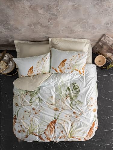 Nuit Des Rêves Luxurious Satin Double Quilt Cover Set (200 x 200 cm), 100% Cotton, Beige/White/Green, 2 Pillowcases (80 x 80 cm), Reactive Print, Machine Washable, Elegant Design