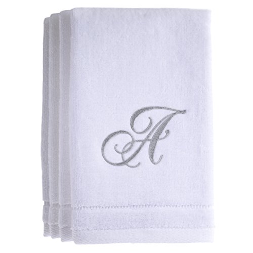 Monogrammed Towels Fingertip, Personalized Gift, 11 x 18 Inches - Set of 4- Silver Embroidered Towel - Extra Absorbent 100% Cotton- Soft Velour Finish - For Bathroom/Kitchen/Spa- Initial A (White)