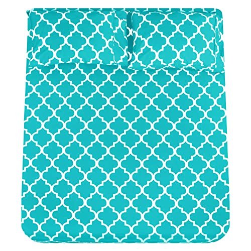 Mejoroom Full Bed Sheet Set - Super Soft Brushed Microfiber 1800 Thread Count Sheets with 16 inch Deep Pocket - Wrinkle Free - 4 Piece(Full, Aqua Quatrefoil with White Pattern)