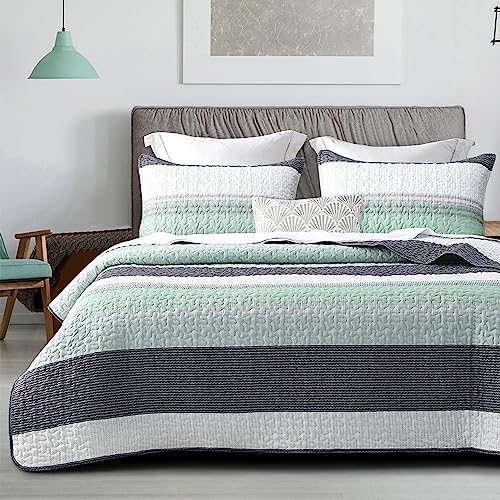 DURLENGEN Quilt Set California King Size 3Pcs,Soft Microfiber Lightweight Bedspread,White & Green Striped Geometric Pattern Coverlet for All Season Layering(Cal King 112x104, Mint Green)
