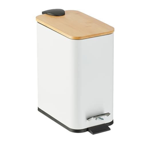 Relaxdays Step Pedal Bin, 5 Litre Capacity, Removable Inside, Square, Bathroom Cosmetic Waste, Metal, Bamboo Lid, White