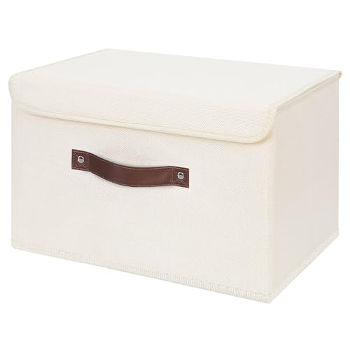 ANMINY Storage Bin with Lid Storage Boxes with PU Leather Handles PP Plastic Board Decorative Foldable Lidded Cotton Linen Fabric Home Cubes Baskets Closet Organizer Container - Beige, Large Size