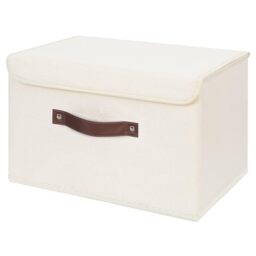 ANMINY Storage Bin with Lid Storage Boxes with PU Leather Handles PP Plastic Board Decorative Foldable Lidded Cotton Linen Fabric Home Cubes Baskets Closet Organizer Container - Beige, Large Size