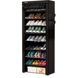 edihome, Fabric Shoe Rack, 9 Levels, Narrow and High Shoe Racks, (58 x 28 x 162 cm) with Outer Cover, with Zip, for Trainers, Heels or Shoes (Black)