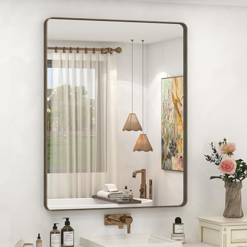 CHARMOR 28x36 Bronze Framed Mirror, Brushed Bronze Metal Bathroom Vanity Mirror for Wall, Modern Rectangle Mirror, Rounded Corner, Anti-Rust, Tempered Shatterproof (Horizontal/Vertical)