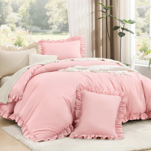 Litanika Queen Comforter Set, 3 Pieces Pink Ruffle Bedding Set - Farmhouse Shabby Chic Aesthetic Soft Fluffy Lightweight Breathable Bed Set for Girls Women Room Decor Gift All Season