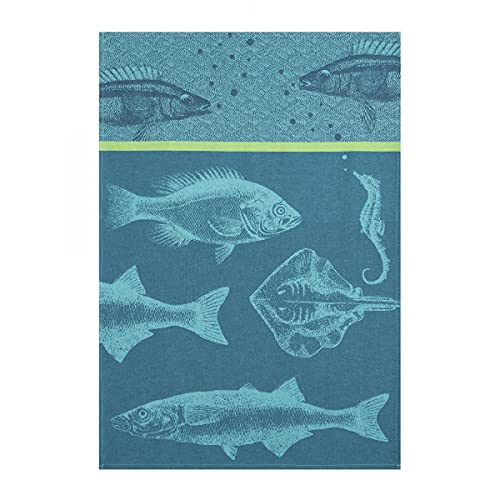 "Coucke French Cotton Jacquard Blue Fish Bench Towel 20"" x 30"" Turquoise"