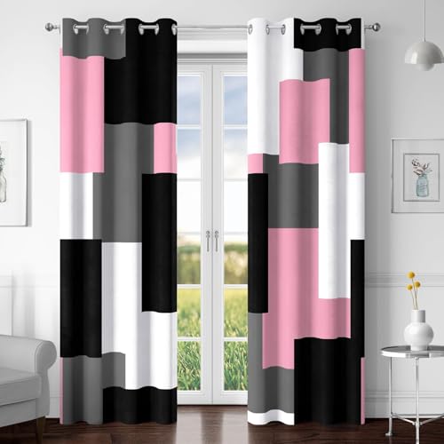 Tyrot Pink 100% Blackout Curtains for Bedroom 63 inch Length 2 Panels Set White Grey Modern Abstract Geometric Black Out Curtains Insulated Room Darkening Window Drapes for Girls Living Room, 52Wx63L