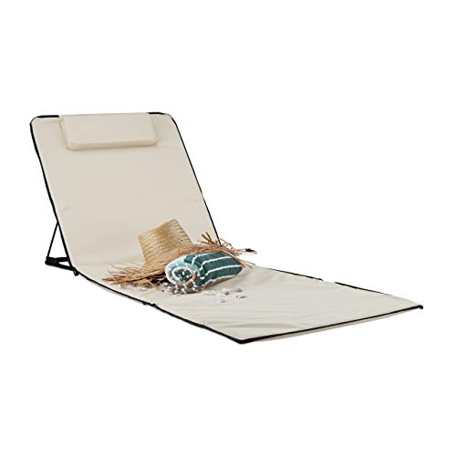Relaxdays XXL Beach Mat, Padded Sun Lounger with Pillow Folding Recliner with Travel Bag, Beige