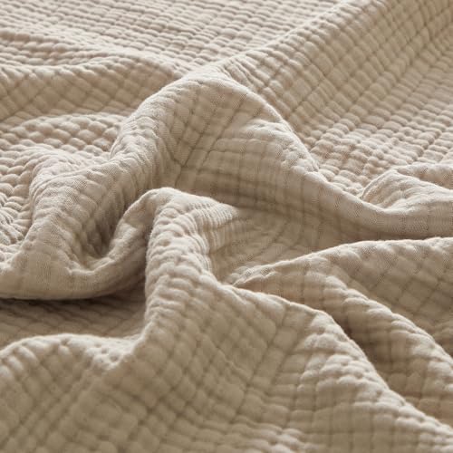 "PHF 100% Cotton Muslin Blanket Twin Size 66"" x 90"", 4-Layer Lightweight and Breathable Blanket for Summer, Luxuriously Soft Gauze Bedding for Bed, Natural Minimalism Style, Light Tan"