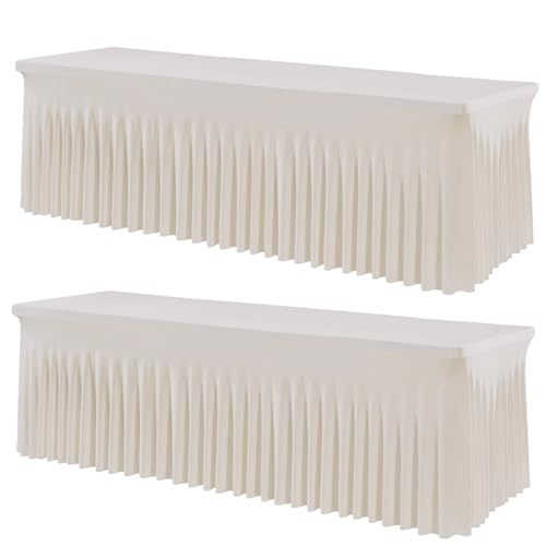 2 Pack Spandex Ivory Table Clothes for 8 Foot Rectangle Tables, Stretch Table Cloth 8ft Fitted Table Cover Desk Skirt for Parties Weddings Birthday Banquet Baby Shower