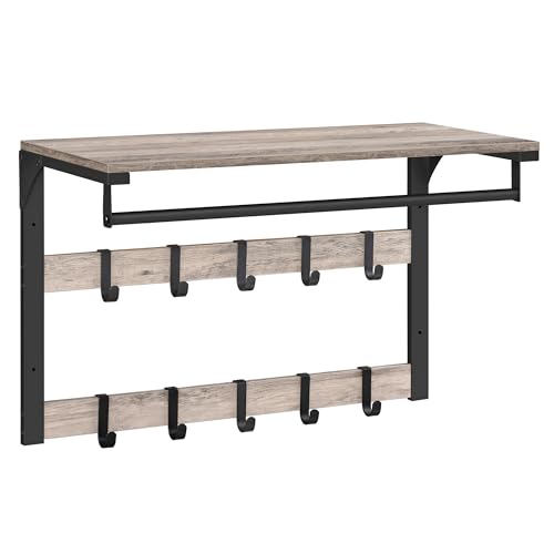 VASAGLE Wall Mounted Coat Rack, Hanging Coat Rack with 10 Removable Hooks, Double Row Hooks and Hanging Bar, for Hallway, Bedroom, Bathroom, Greige and Black LCR101B02
