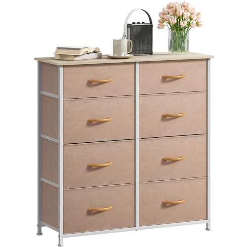 DWVO Chest of Drawers,Fabric Chest of Drawers Bedroom Cabinet with 8 Drawers,Dresser for Bedroom,Living Room With Handles,Wood Top and Sturdy Steel Frame, Khaki
