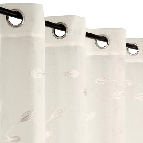 Atout Ciel Embroidered Foliage Net Curtain with Eyelets 140 x 240 cm Ready to Hang Natural