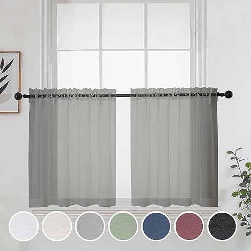 OWENIE Grey Sheer Curtains 24 Inches Long 2 Panels for Bathroom Window, Rod Pocket Light Filtering Sheer Tier Curtains for Small Kitchen Laundry Room, RV, Camper Travel Trailers, 42W x 24L, Gray