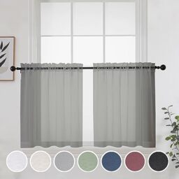 OWENIE Grey Sheer Curtains 24 Inches Long 2 Panels for Bathroom Window, Rod Pocket Light Filtering Sheer Tier Curtains for Small Kitchen Laundry Room, RV, Camper Travel Trailers, 42W x 24L, Gray