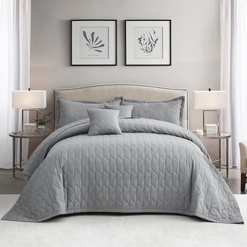 Blythease Oversized King Bedspread, Modern & Contemporary Look, Lightweight Bedding Cover, Reversible, 5 Piece Set, King/Cal King, Grey