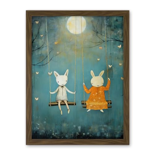 Artery8 Rabbits on a Swing with Moonlit Butterflies Calming Baby Nursery Artwork Framed Wall Art Print 18X24 Inch