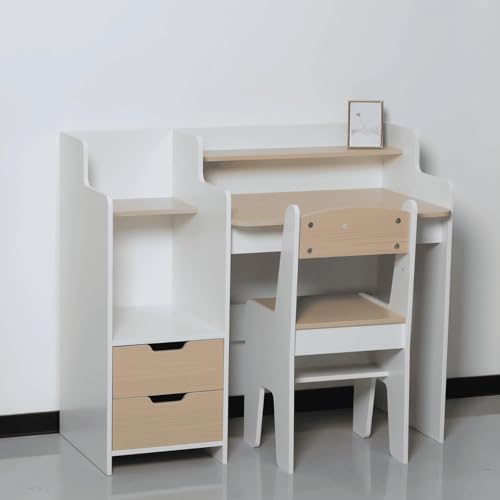 Home Source Scribbly Kids Desk & Chair Set ??? White & Natural Wood Two-Tone ??? Children???s Study Desk with Drawers & Shelves ??? Ideal for Homework, Reading & Arts ??? MDF Furniture, Flat Packed