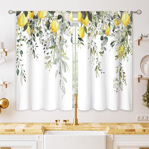 oolygoo - Kitchen Window Curtains Herb Flower Plant Fruit Pattern Short Curtains for Bathroom Small Windows Eucalyptus Lemon Yellow Leaves Sage Green 26x36 Inch