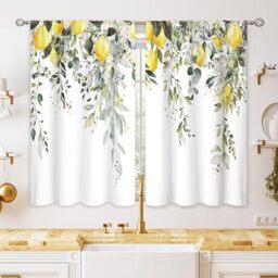 oolygoo - Kitchen Window Curtains Herb Flower Plant Fruit Pattern Short Curtains for Bathroom Small Windows Eucalyptus Lemon Yellow Leaves Sage Green 26x36 Inch