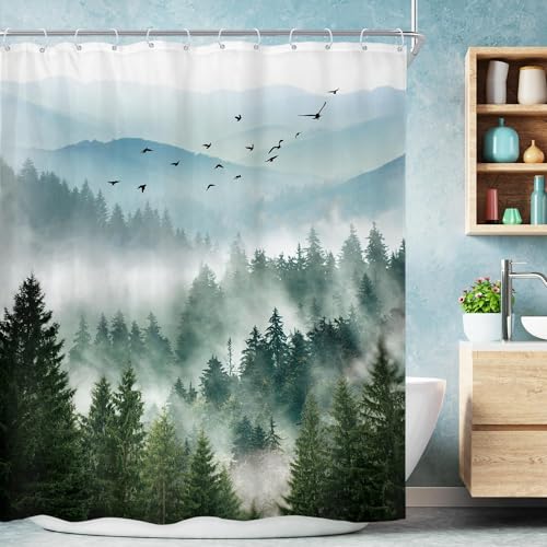 "Green Mountain Scenery Natural Pine Tree Bathroom Shower Curtain Set - 72""W x 78""L shower curtain??? View Rustic: HD waterproof print, quick-dry cloth, free hooks for easy installation."