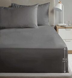 Rapport Home Double Size Fitted Sheet Extra Deep 40cm Depth Charcoal Soft Easy Care Non-Iron Percale Bed Sheet – 16 inch Pocket