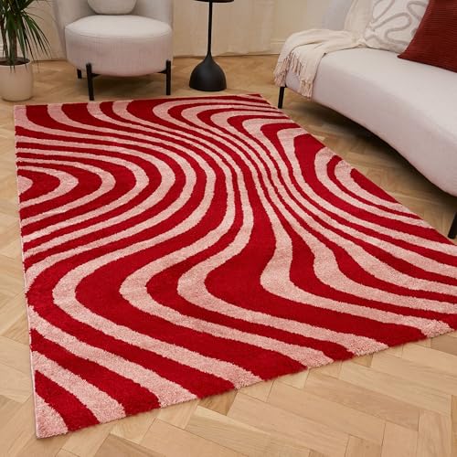 THE RUGS Joli Area Rug - Soft Dense Pile Modern Artistic Design, Durable & Easy Care Carpet for Living Room & Bedroom - Wavy Stripe Red & Pink, 80 x 150 cm