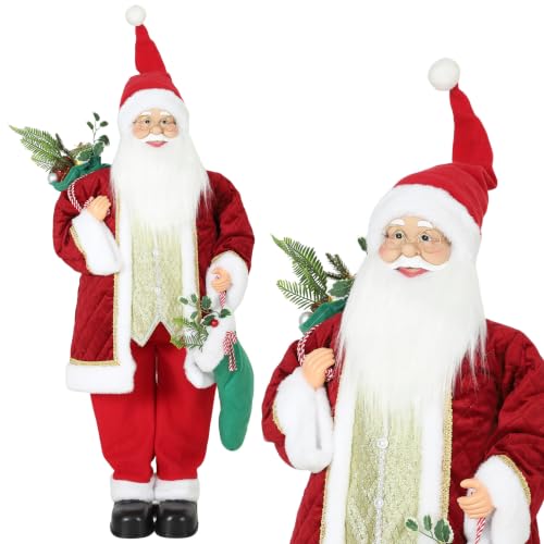 HOMCOM 4ft Life Size Singing Dancing Santa Claus 120 cm Musical Animated - Standing, with Stocking, Sack, Posable Arms, Handcrafted, Sound Touch Activated, Moving Christmas Figure Decor