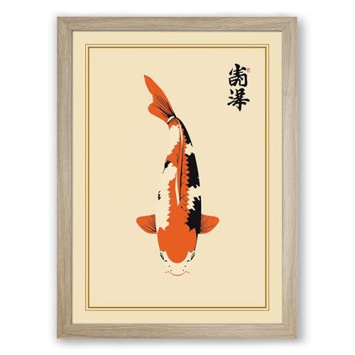 Koi in Black Ink Japandi Framed Wall Art Print A4 (29.7×21cm) Oak, Wall Decor for Living Room, Bedroom, Office & Home, Ready to Hang, Art Gift