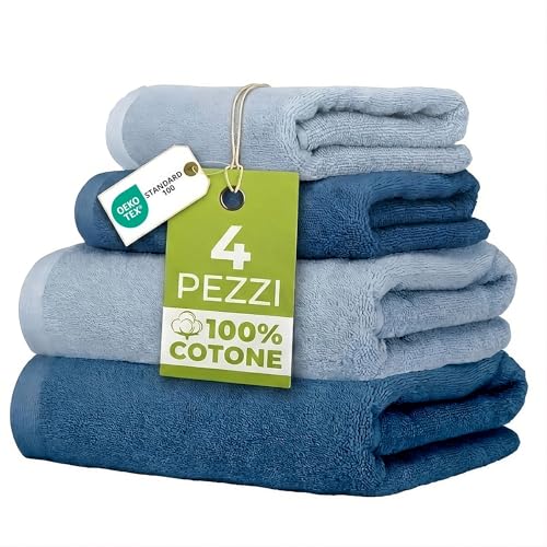 Ruggeri, 4 Towel Set, 2 Hand and 2 Guest, Cotton, Blue and Light Blue