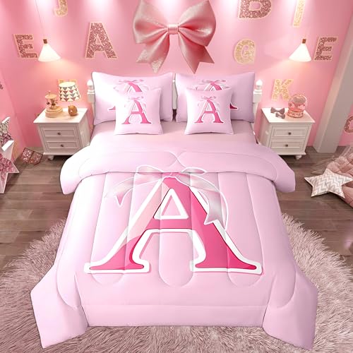 jejeloiu Pink Bow Bed Set, Gifts for Women Teen Girl,Twin Size, Decor Monogrammed 7 Pieces Beeding Set, Ultra Soft Personalized Initial A Bed in a Bag with Comforter, Sheets, Pillowcases Fashion