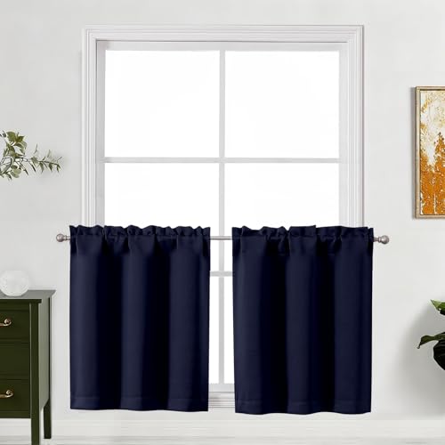 "Lecloud Navy Blue Kitchen Curtains 24 Inch Length 2 Pcs, Privacy Modern Room Darkening Curtain, Thermal Window Treatments Drapes Rod Pockets for Cafe Bedroom Cabinet Camper, Each Panel 30"" W x 24"" L"