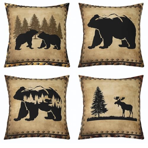 Feelyou Set of 4 Retro Bear Throw Pillow Covers,Cabin Deer Hunting Cushion Case for Home Living Room Decor, Reversible Farmhouse Wolf Animals Brown Yellow Decorative Throw Cushion Case, 18x18 Inches