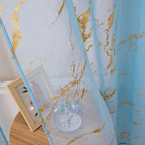 "Sutuo Home Marble Sheer Curtains 63 Inch Length 2 Panels Set, Gold Print Metallic Bronzing, Privacy Window Treatment Abstract Drape Pair for Bedroom Kitchen Living Room 52"" W x 63"" L,Blue"
