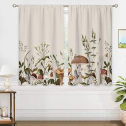oolygoo Vintage Mushroom Window Curtains Leaves Botanical Rod Pocket Rustic Boho Mushroom Beige Curtain Drapes Herb Curtains for Bedroom Living Room Treatment 2 Panels 42Wx45H Inch