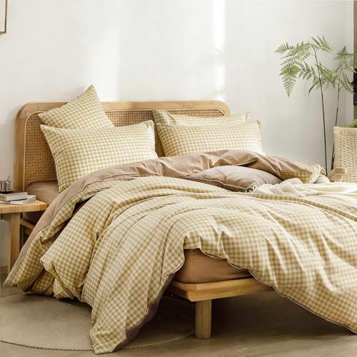 ETDIFFE Tan Grid Queen Size Comforter Set 3 Piece, 90x90 Inch - Brown Gingham Bed Set, 1 Soft & Lightweight Farmhouse Buffalo Checkered Plaid Microfiber Down Alternative Comforter