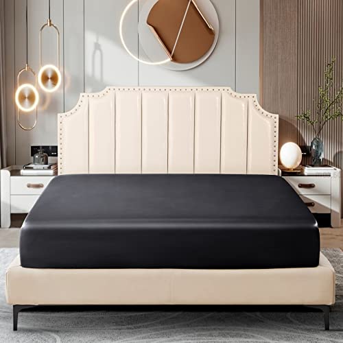 Ersmak Satin Fitted Sheet Only, Luxury Silky Full Fitted Sheet Ultra Soft Deep Pocket Bottom Sheet, Wrinkle & Fade Resistant - Black