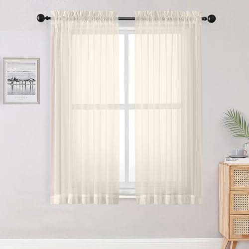 "OWENIE Sheer Curtains 63 inch Length 2 Panels Set, Rod Pocket Voile Fimly Sheer Drapes for Living Room/Bedroom, 2pcs, Each 42"" W x 63"" L, Cream"