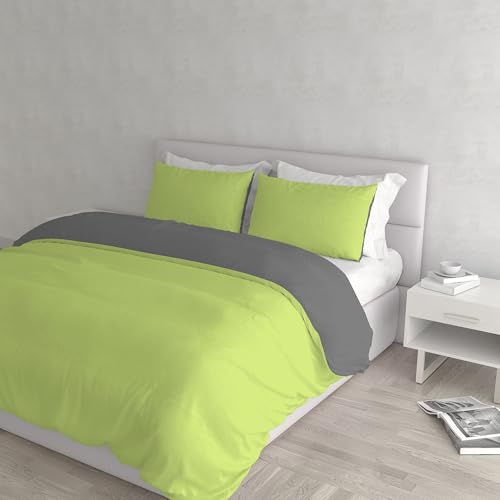 Italian Bed Linen Natural Color Duvet Cover Set with Doubleface Solid Colour Bag Sheet and Pillowcase, Acid Green/Smoke, double