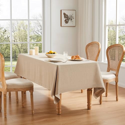ZeeMart Linen Textured Rectangle Table Cloth, 60x84 Inch Natural - Heavy Weight Fabric, Durable Thick, Mitered Corners, Modern Farmhouse Table Cloth, Wrinkle Resistant Washable Table Cover