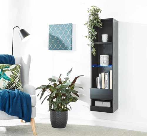 GFW Galicia Black Tall Shelf Unit with LED, Wall Mounted Display Shelving, High Gloss Storage Unit with Lift-Up Door and Blue LED Light
