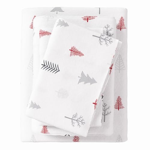 Great Bay Home Flannel Sheet Set King Size - 100% Turkish Cotton, Double-Brushed, Printed Bed Sheets - Ultra-Soft, Cozy, 4-Piece Bedding Set (Winter Trees - Red)