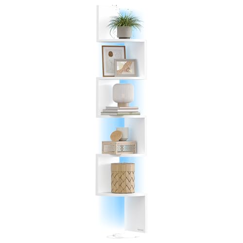 VASAGLE Wall Mounted Corner Shelf with RGB LED Lights, 5-Tier Floating Corner Bookshelf, Plant Shelf, for Bedroom, Living Room, Bathroom, Office, Button and Remote Control, Matte White LBC630W01