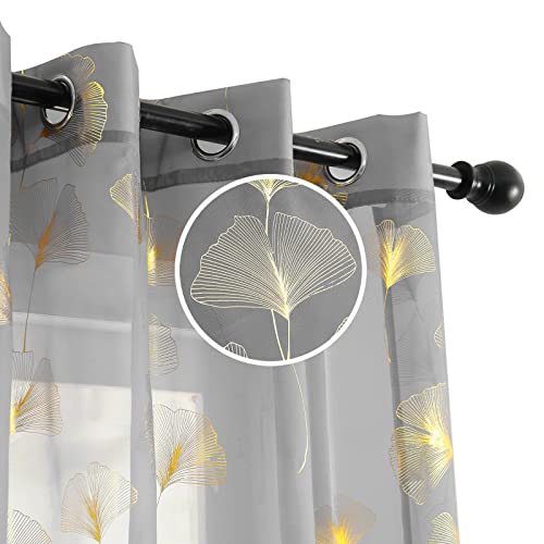 youleyar Gold Foil Print Voile Sheer Curtains, Leaves Grommet Top Window Drapes 84 Inches Long, Luxury Metallic Bronzing Treatment Panels for Home Window Decoration, 2 Panels(Grey,52W x 84L)