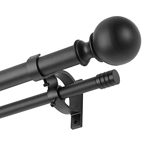 "Kemmie 1"" Classic Window Curtain Rod with Round & Barrel Finials Simple Double Telescoping Drapery Rod, 36-72"", Matted Black"